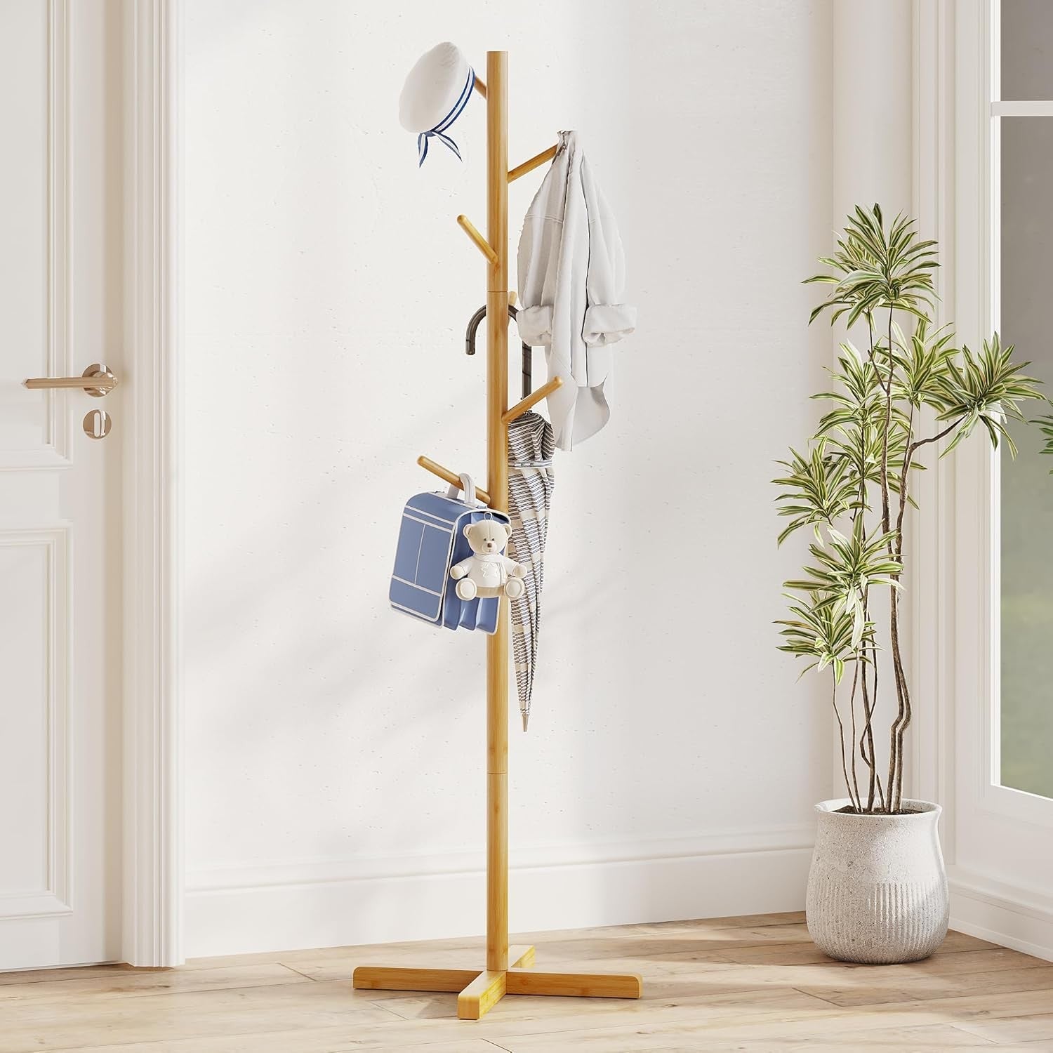 Freestanding Wooden Coat Rack 9 Hooks Adjustable Height 2 Tier Hall Stand