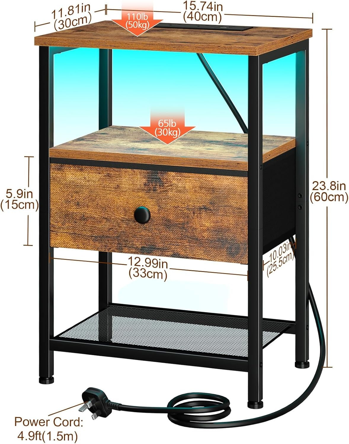 Brown LED Bedside Table with Charging Station Drawer & Storage Shelf