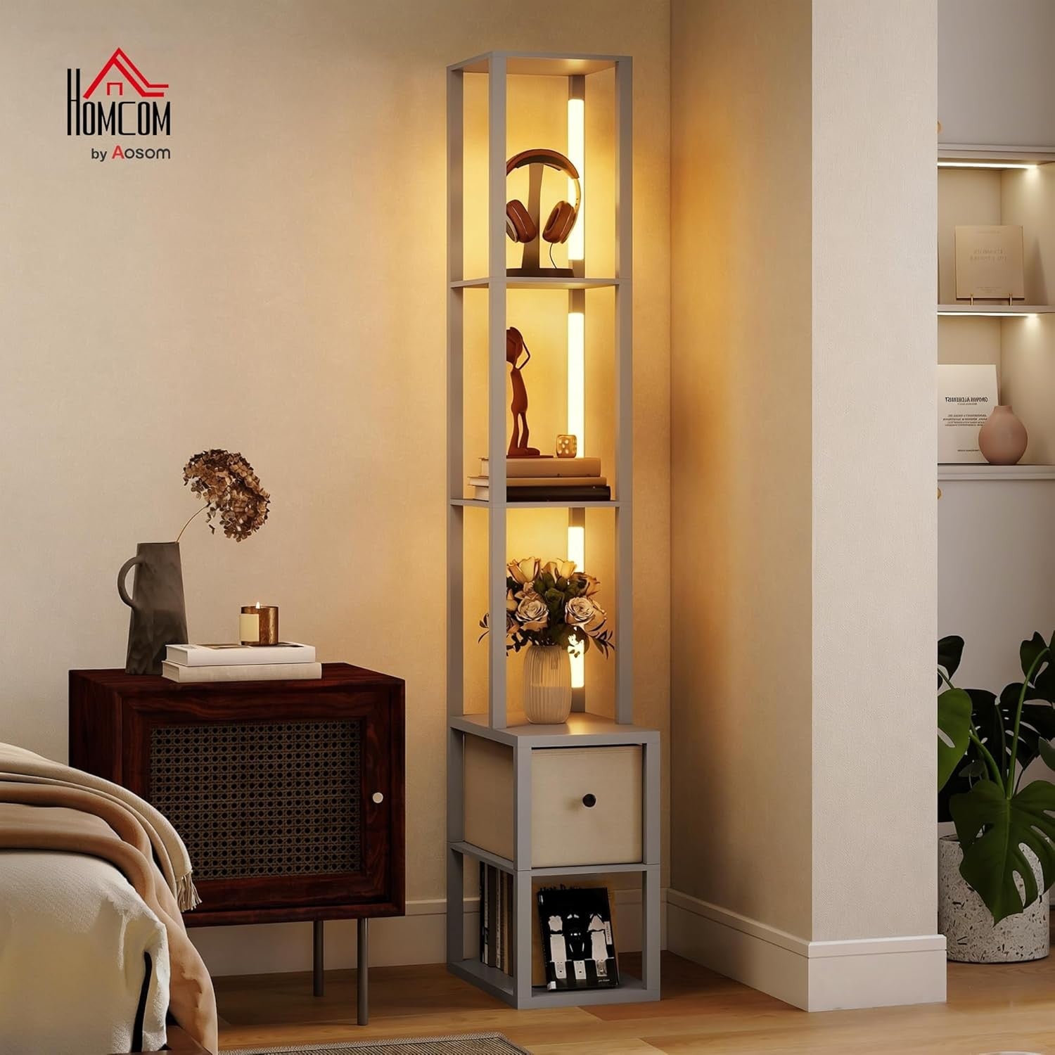 LED Floor Lamp with Shelves Storage Column Standing Lamp Adjustable Light