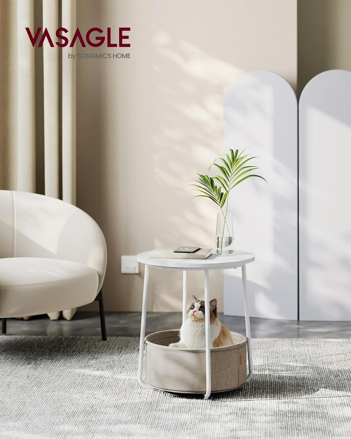 Round Side Table with Fabric Basket, Storage & Sturdy Steel Legs 45x45x50cm