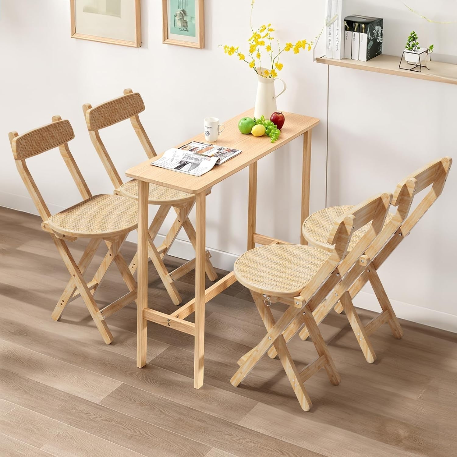 Folding Wooden Rattan Dining Chair Compact Breakfast Stool with Backrest