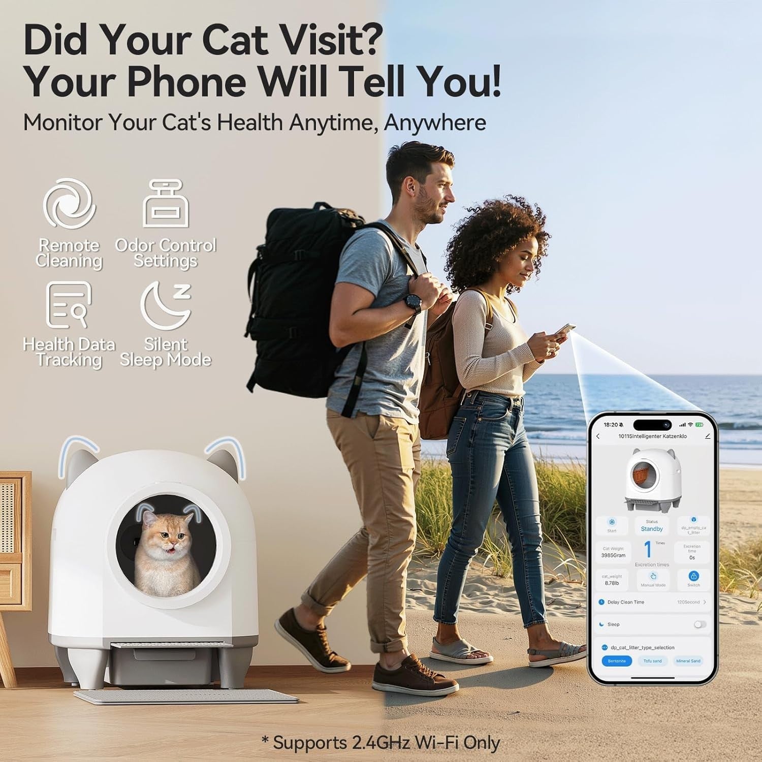 XXL Self Cleaning Cat Litter Box 90L APP Control Multi Cat White