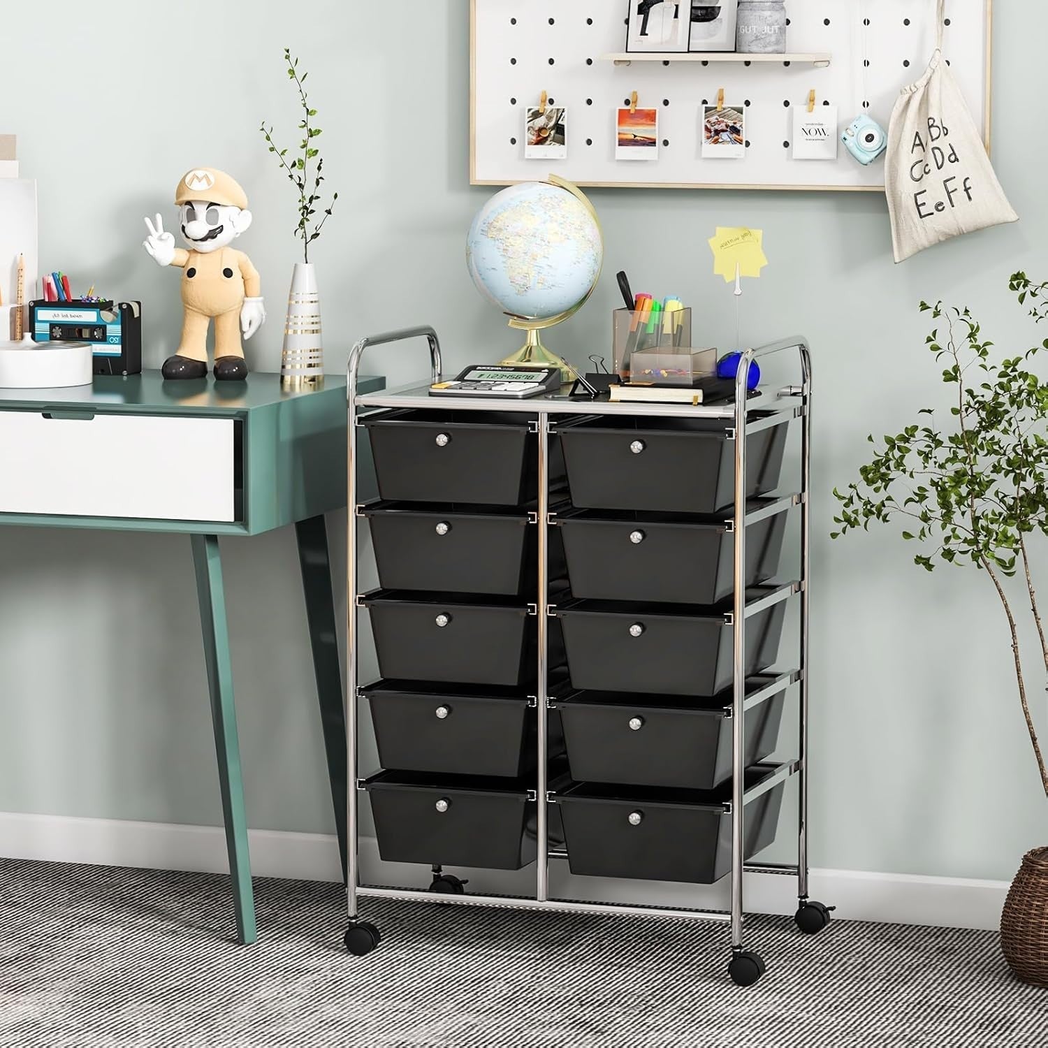 Black 10 Drawer Rolling Storage Cart Utility Trolley Office Organizer