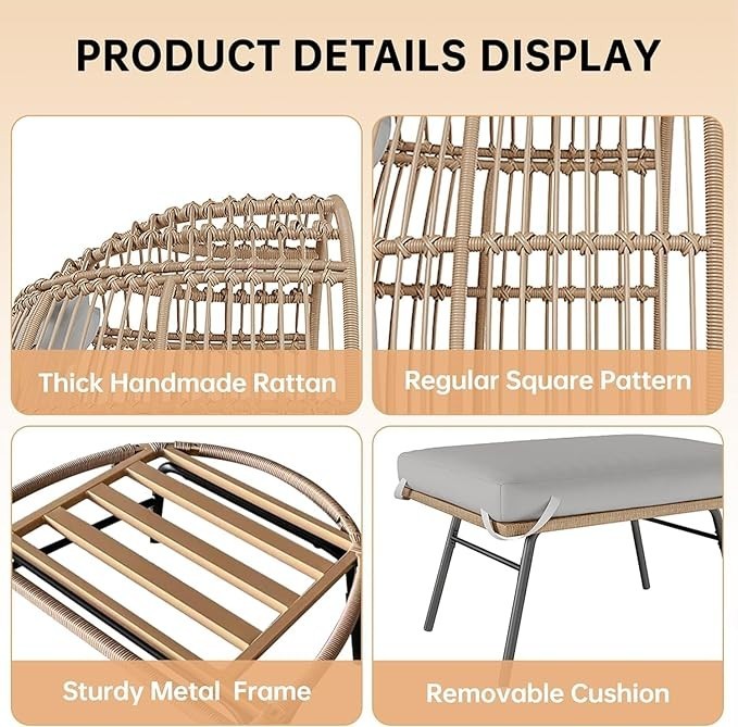 Luxury Rattan Egg Chair with Ottoman Outdoor Indoor Garden Seat Grey Cushion