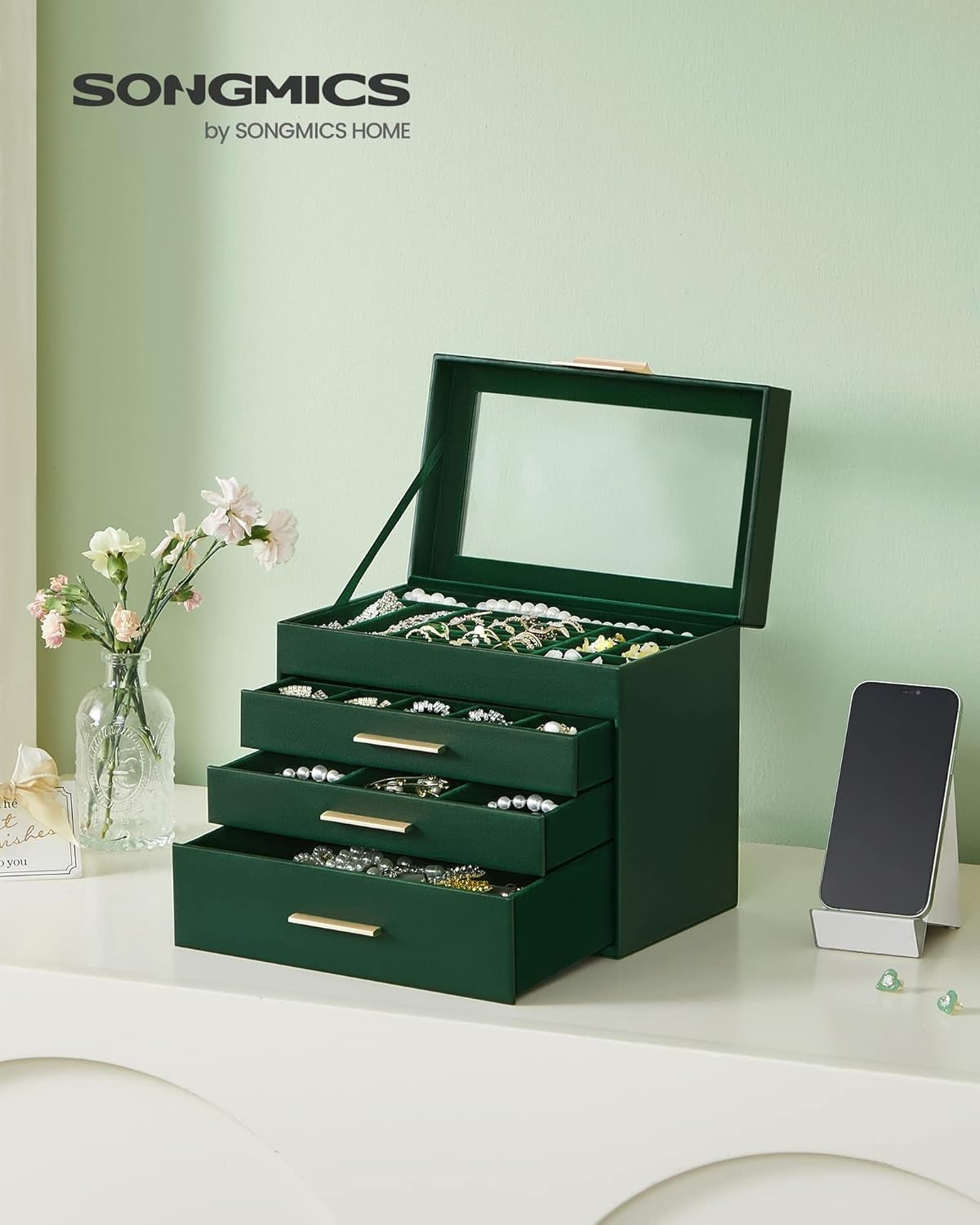 Forest Green Gold Jewellery Box Glass Lid 4 Layer Organizer with Drawers