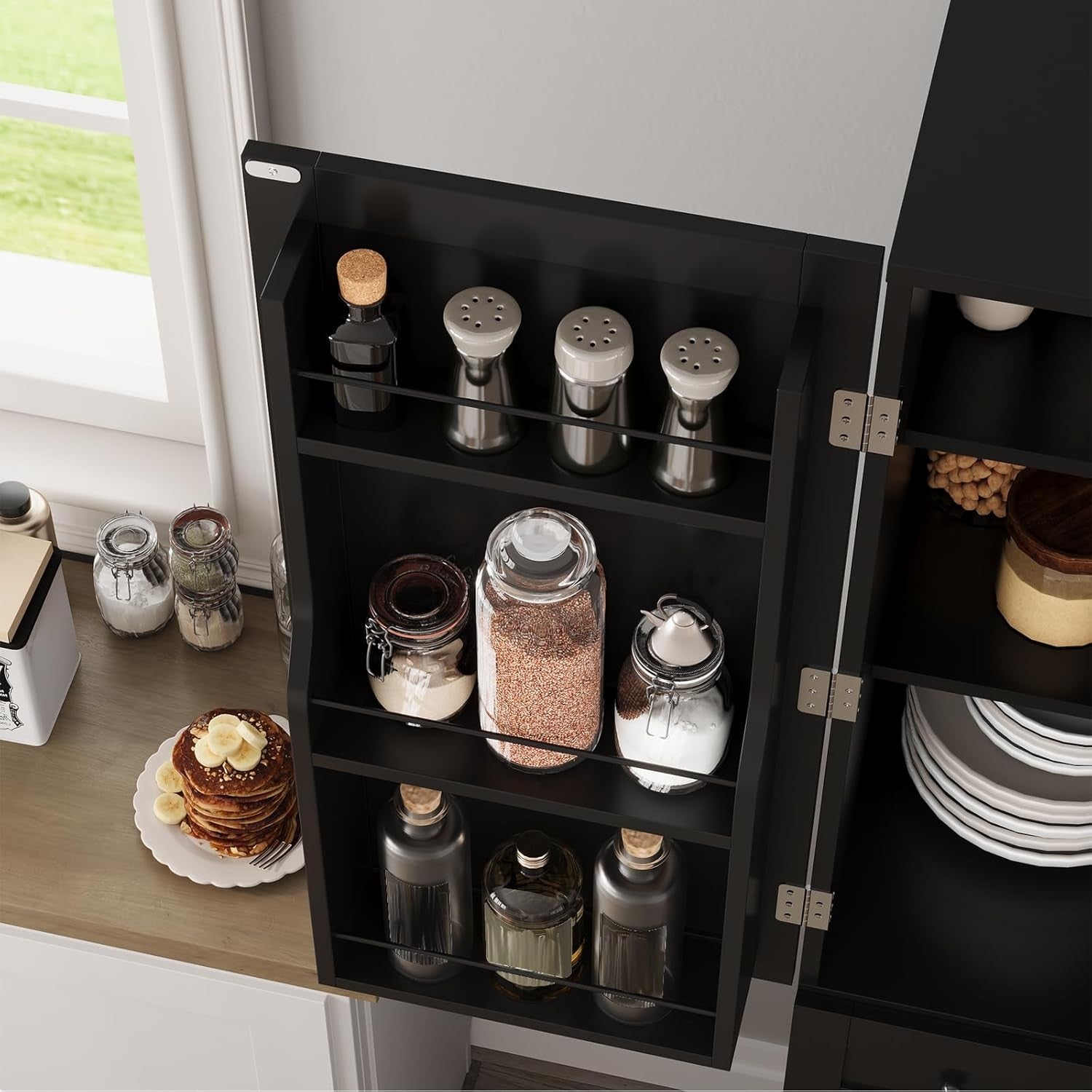 Black Kitchen Pantry Cupboard | Tall Sideboard Cabinet with Drawer & Shelves