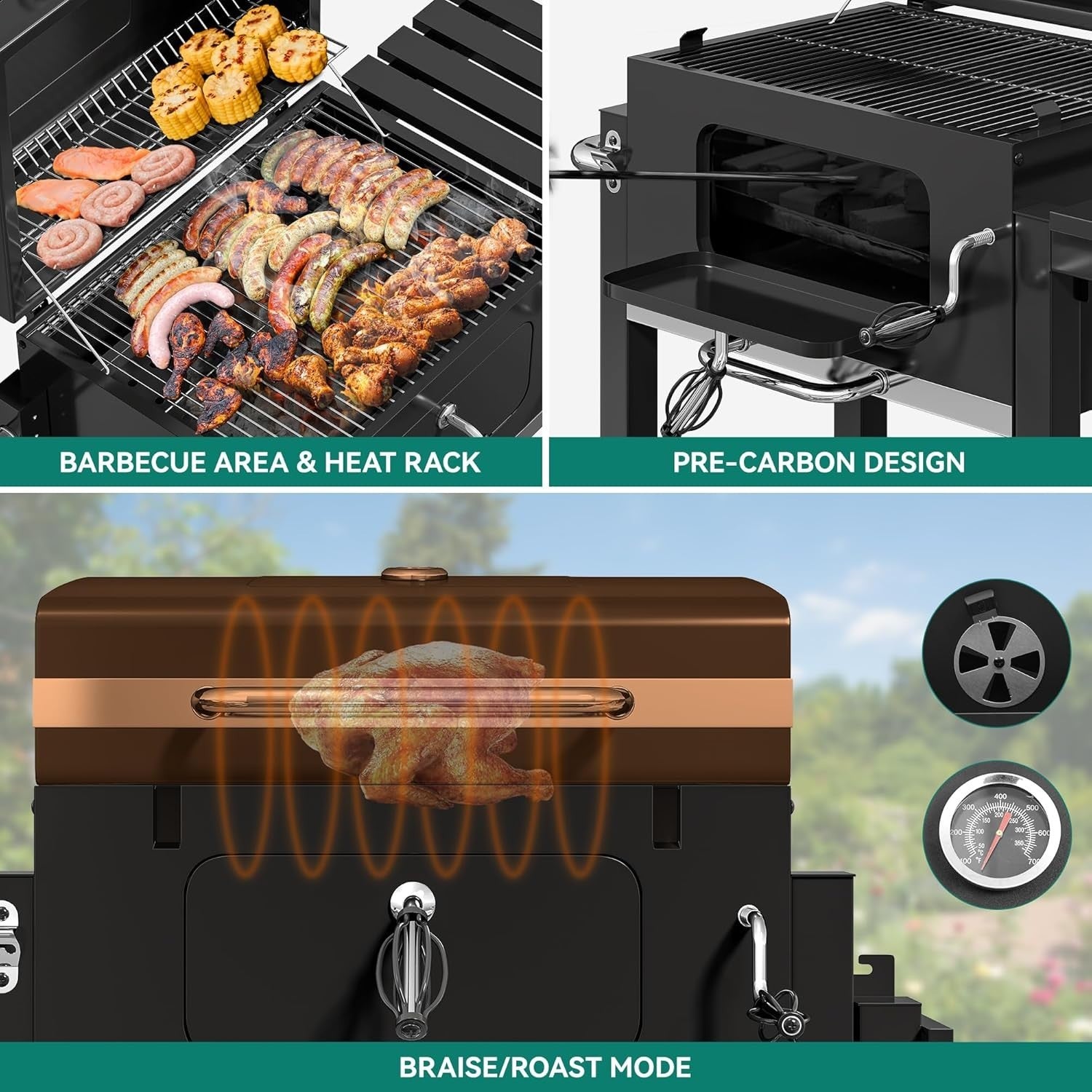 XL Charcoal BBQ Grill with Thermometer & Side Table | Outdoor Smoker