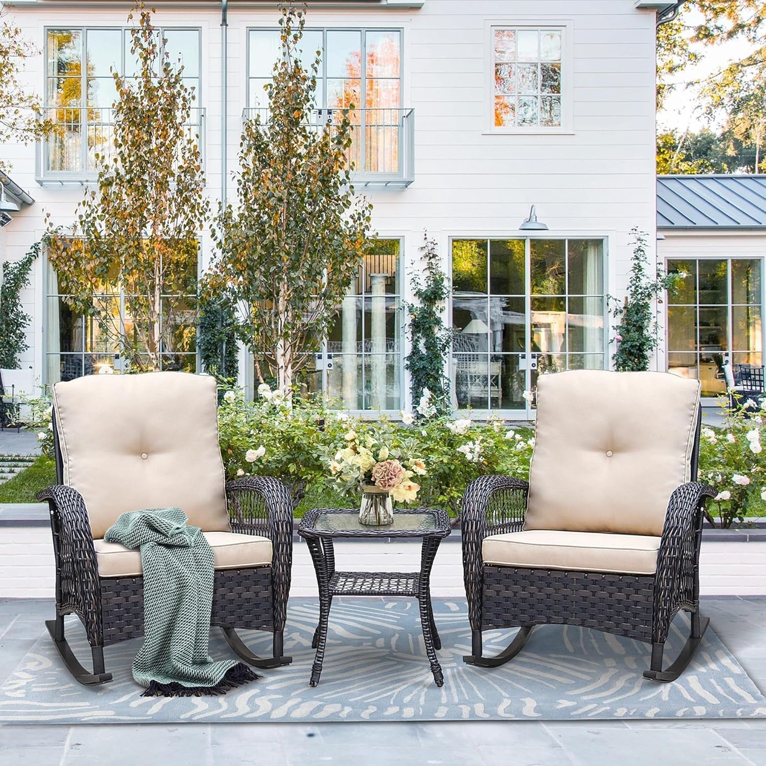 Outdoor 2-Seater Rattan Rocking Chair Set with Cushions – Patio Garden Porch