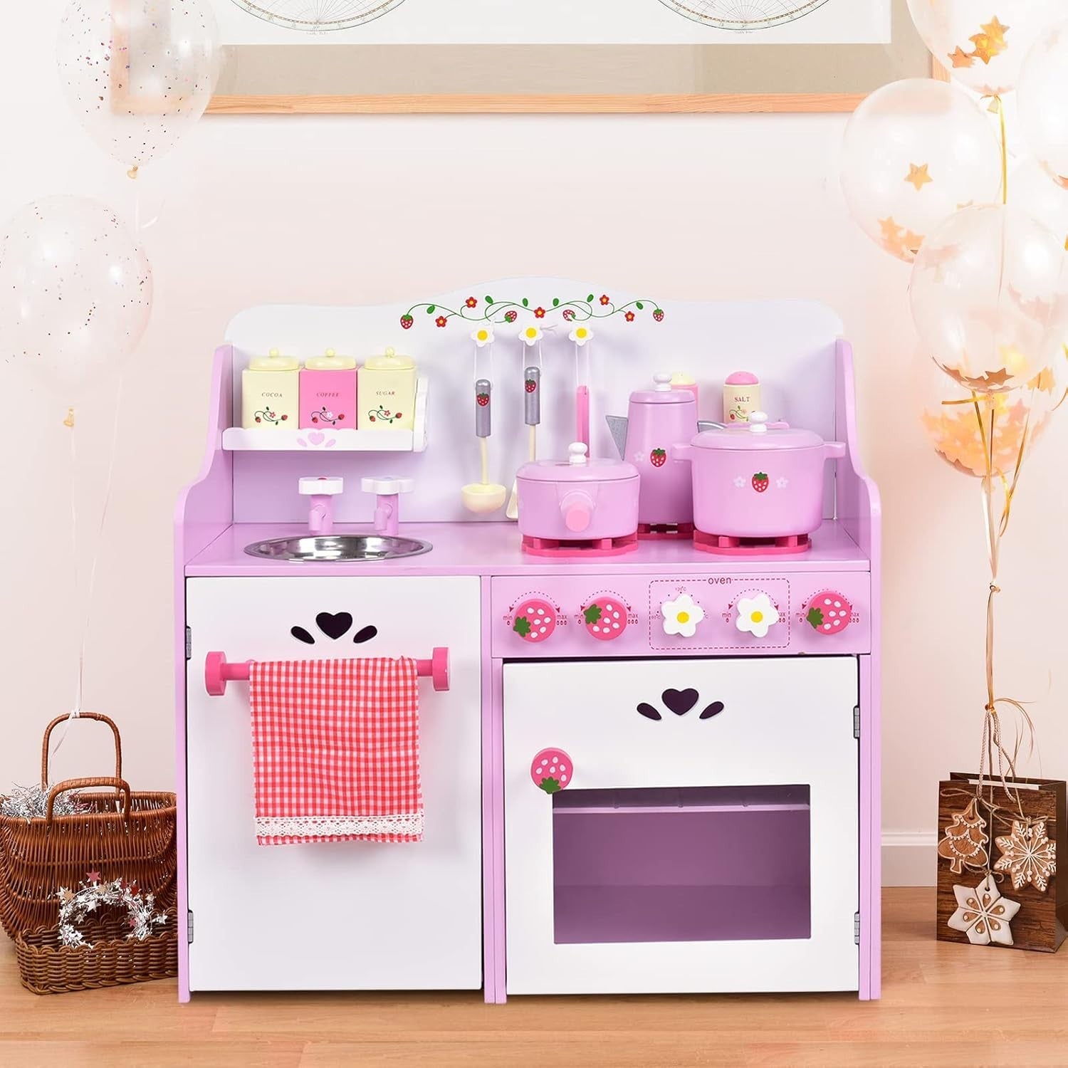 Kids Wooden Play Kitchen Pink Pretend Cooking Set w/ 13 Accessories