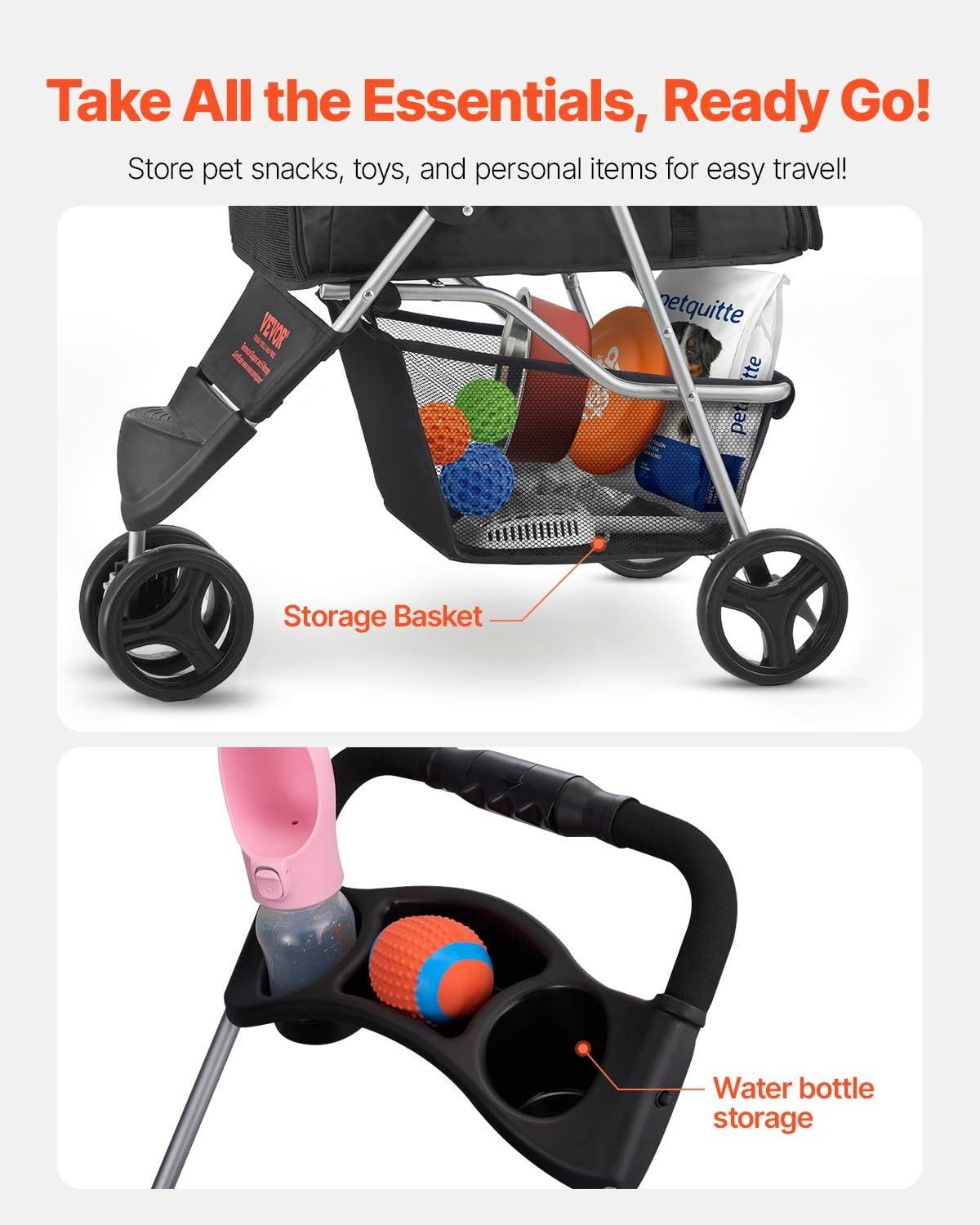 Pet Stroller 3 Wheel Folding Dog Pram 35lb Capacity Brake Mesh Cup Holder