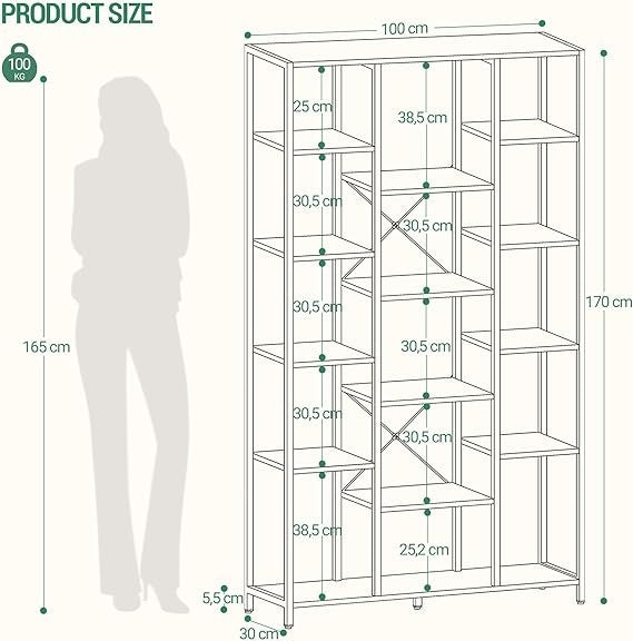 Modern 6 Tier Metal Frame Bookcase – Adjustable Open Shelves Storage Unit 170cm