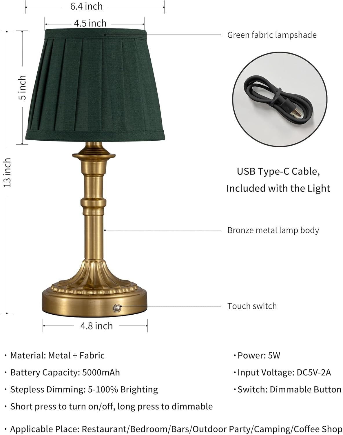 Rechargeable Cordless Table Lamp 2-Pack, Dimmable LED Touch Light, Fabric Shade