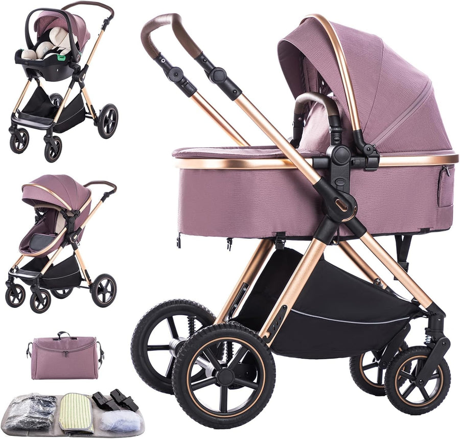 Purple 3in1 Baby Travel Pram System Foldable Pushchair Adjustable Handle 22kg