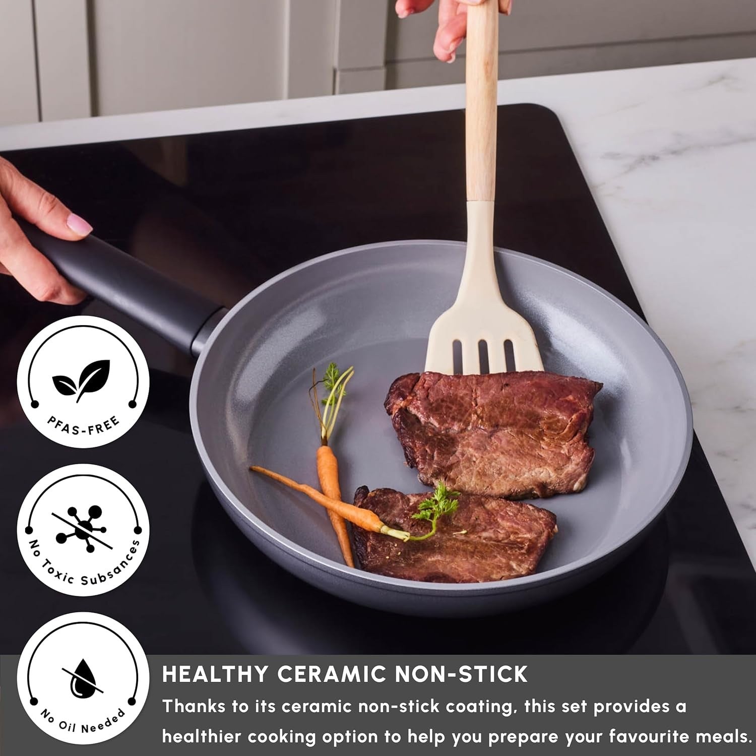 7pcs Grey Ceramic Non Stick Induction Cookware Set with Glass Lids