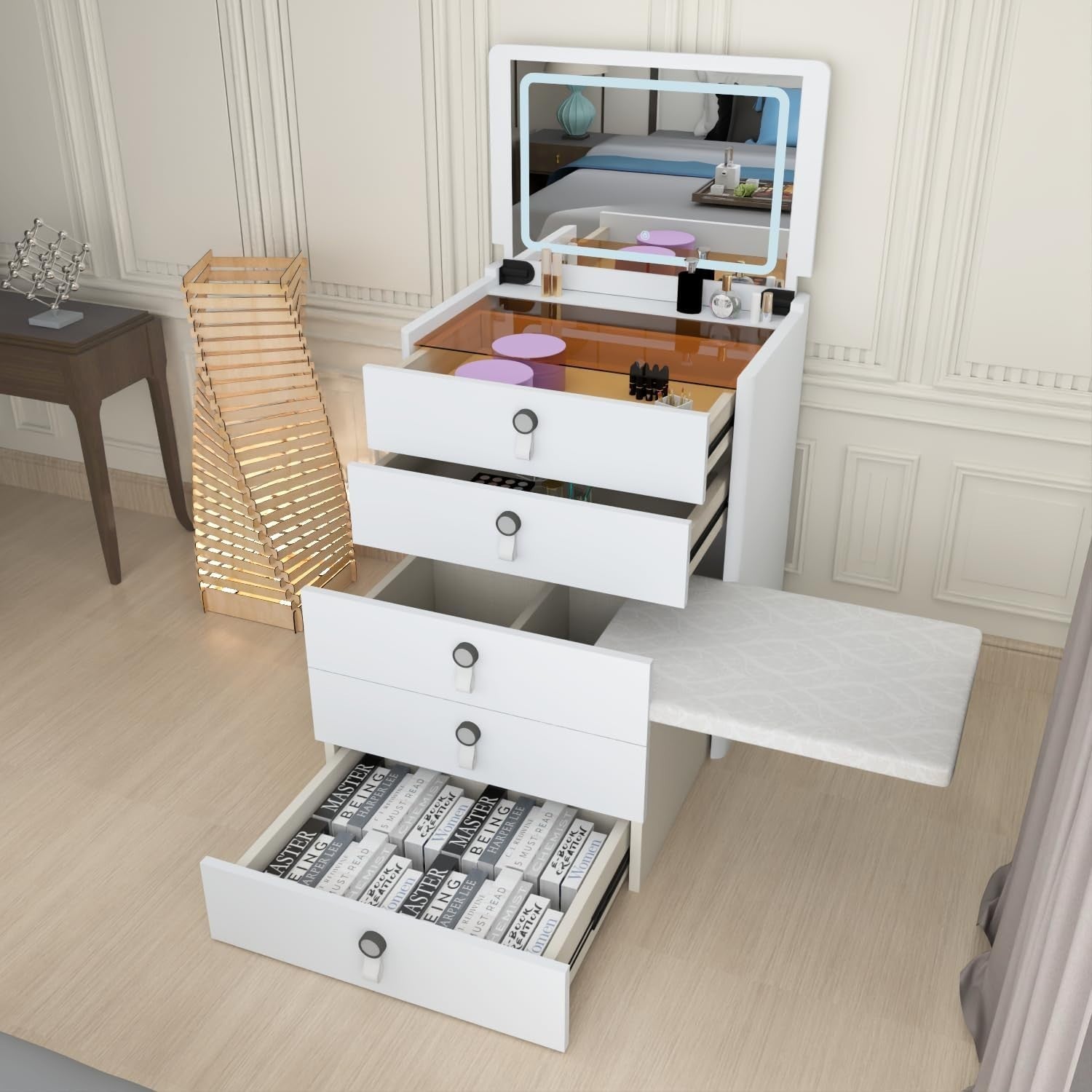 White High Gloss Dressing Table Desk 5 Drawer Flip Mirror Storage Stool 95cm