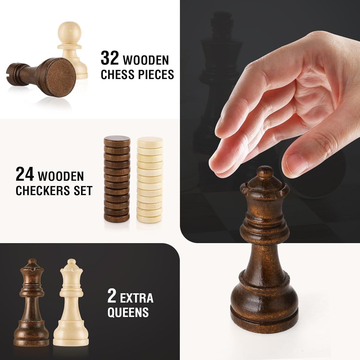 15" Magnetic 2-in-1 Wooden Chess & Draughts Board Set w/ Extra Queens