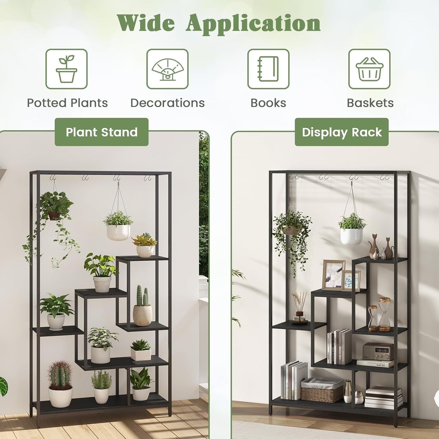 6-Tier Metal Plant Stand 180cm Tall Indoor Flower Shelf with Hooks & Wire Rack