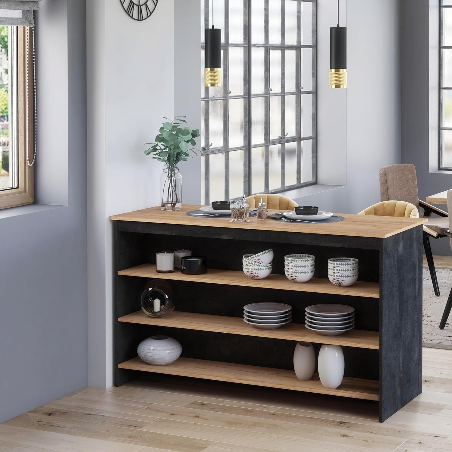 Black Concrete & Oak Kitchen Island with Breakfast Bar & Open Shelves