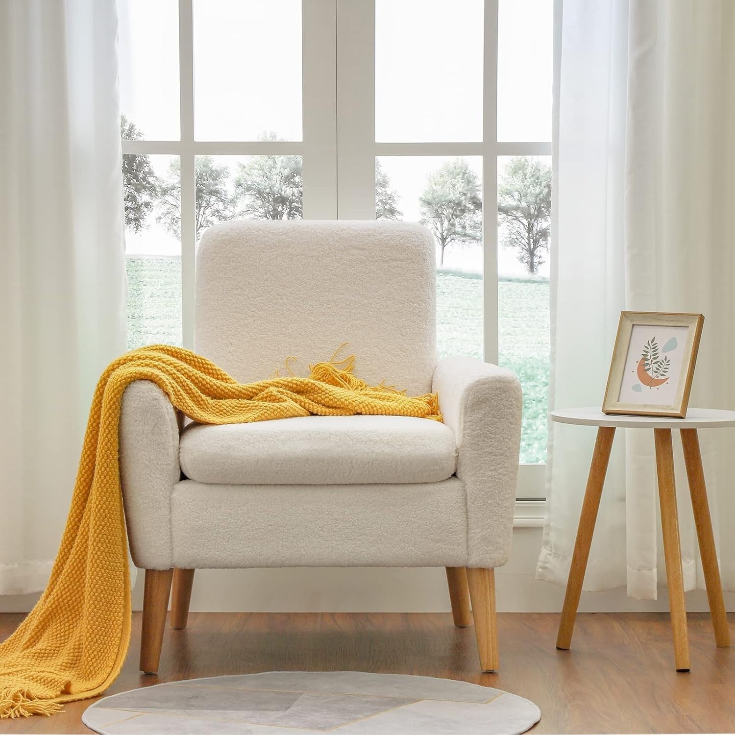 White Lounge Armchair Upholstered with Wood Legs for Living Room Bedroom