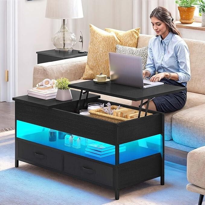 Height Adjustable Coffee Table with Storage Drawers & LED Lights Black