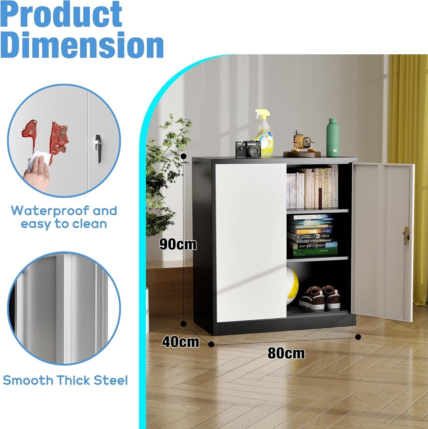 Black White Lockable Steel Cabinet 80x40x90cm Office Garage Storage