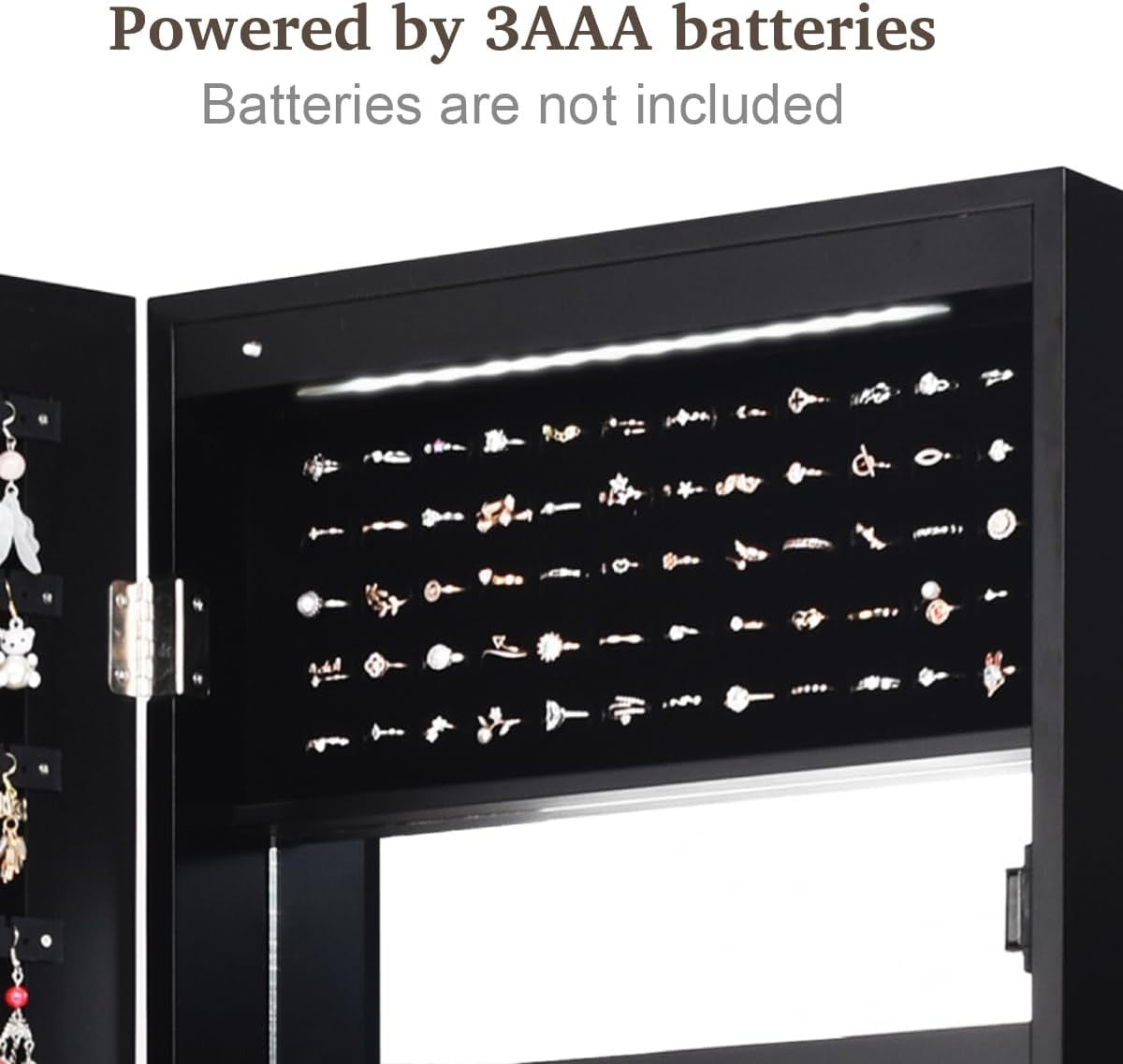 Black LED Jewellery Cabinet Wall Door Mounted Full Length Mirror Lockable