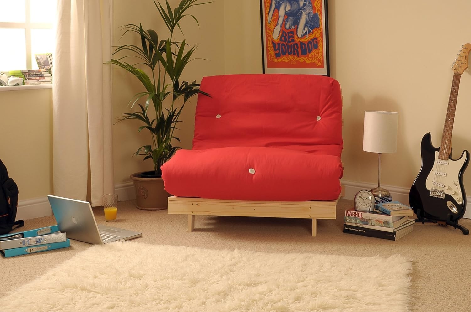 Small Single Wooden Futon Bed Chair 2ft6 Tufted Red Mattress Compact