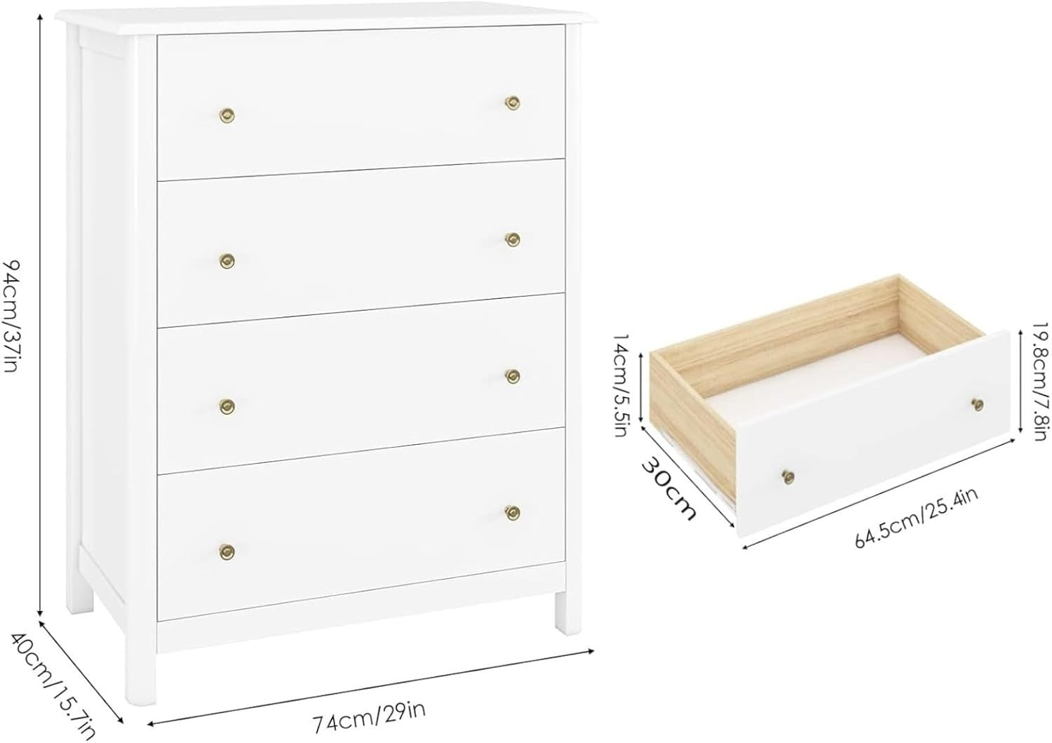 White Chest of Drawers 4 Drawer Wooden Storage Unit for Bedroom Hallway
