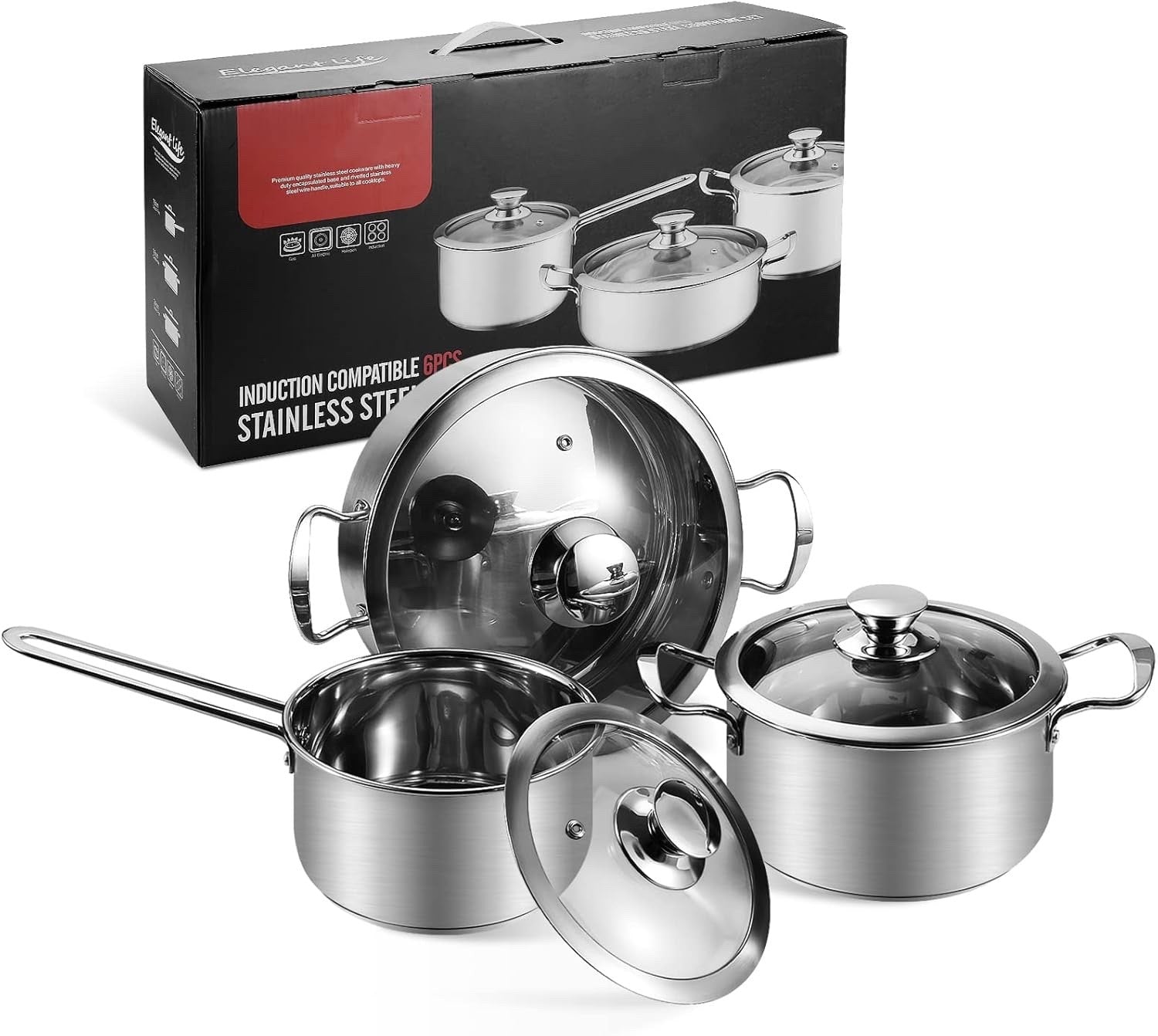 6pcs Stainless Steel Saucepan & Pot Set with Glass Lids – Induction Compatible
