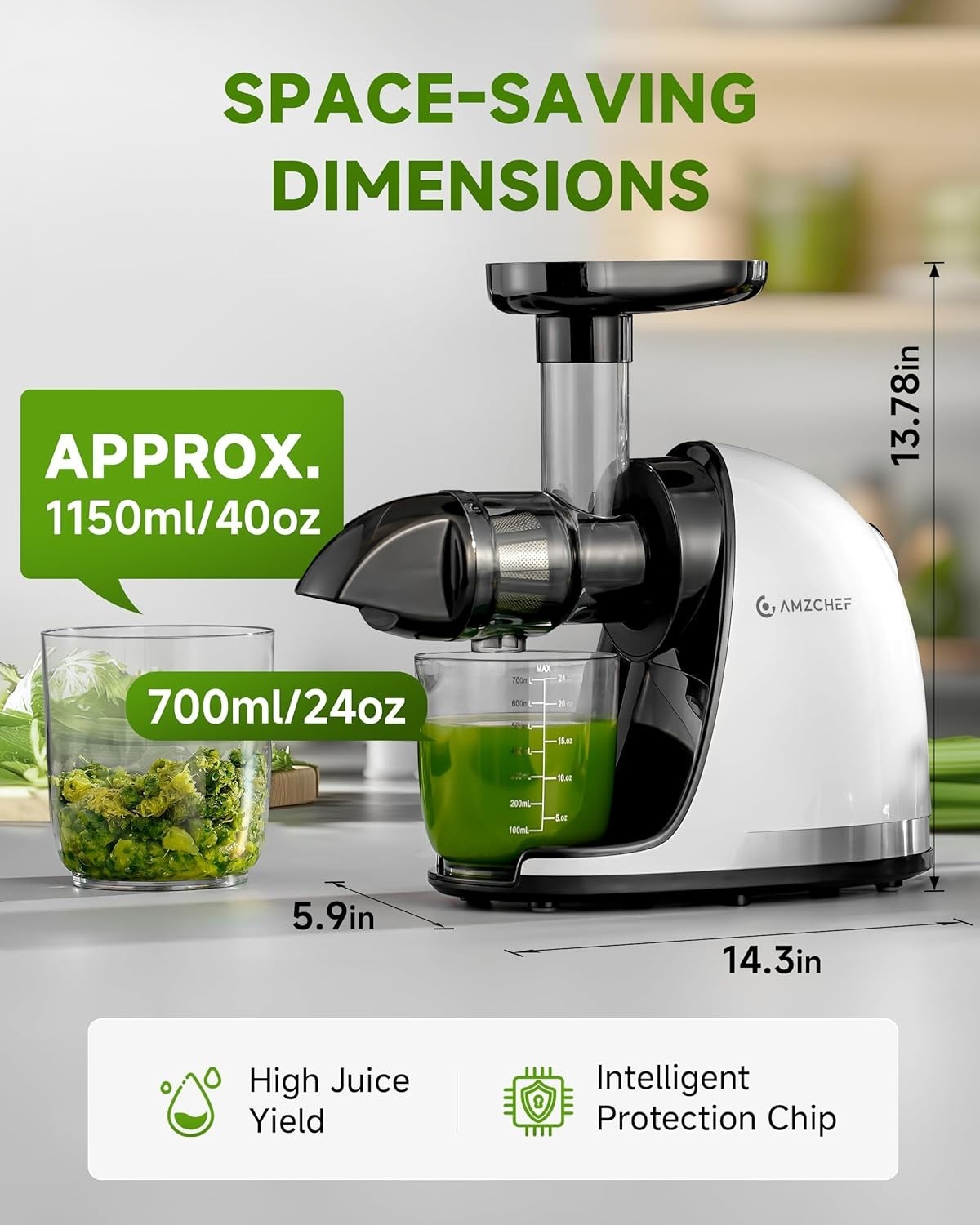 Cold Press Slow Juicer Masticating Whole Fruit High Yield Easy Clean White