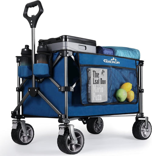 Blue 200L Heavy Duty Folding Wagon 150kg Trolley Cart w/ Big Wheels & Brakes