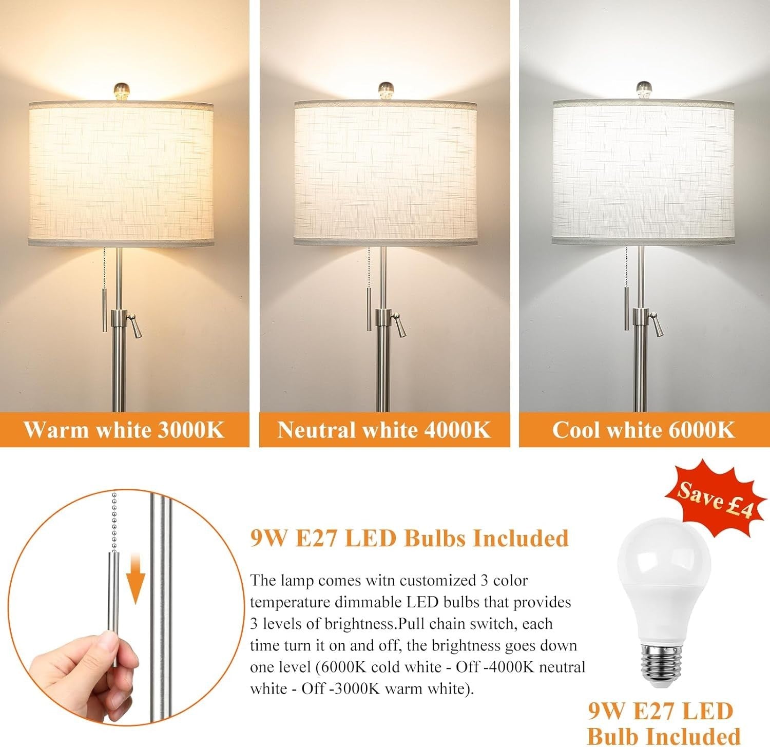 Adjustable Silver Floor Lamp with 3 Color Temps & Lampshade, E27 Bulb