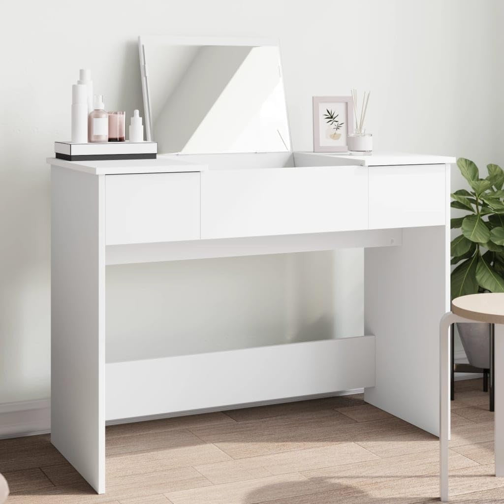 Modern White Makeup Vanity Dressing Table Desk w/ Mirror Storage Engineered Wood