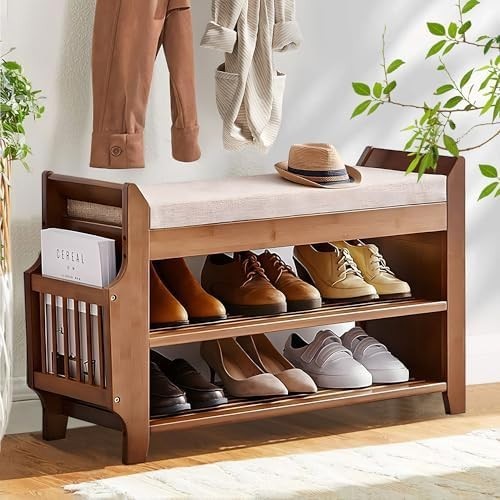2 Tier Bamboo Shoe Bench with Cushion Hidden Drawer Entryway Storage Seat