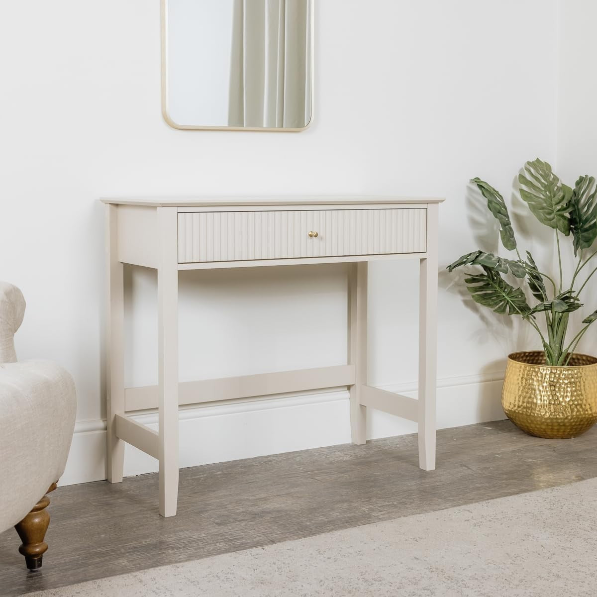 Taupe Grey Console Dressing Table & Stool Set Fluted Drawer Compact Bedroom