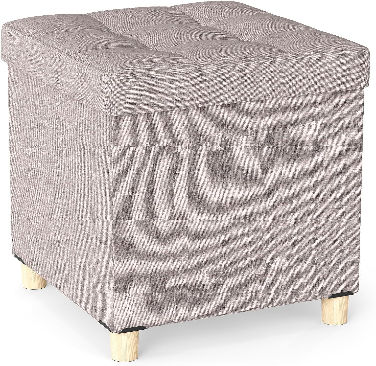 Beige Linen Storage Ottoman 45x45cm Folding Footstool Bench w/ Tray Lid & Legs