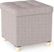 Beige Linen Storage Ottoman 45x45cm Folding Footstool Bench w/ Tray Lid & Legs