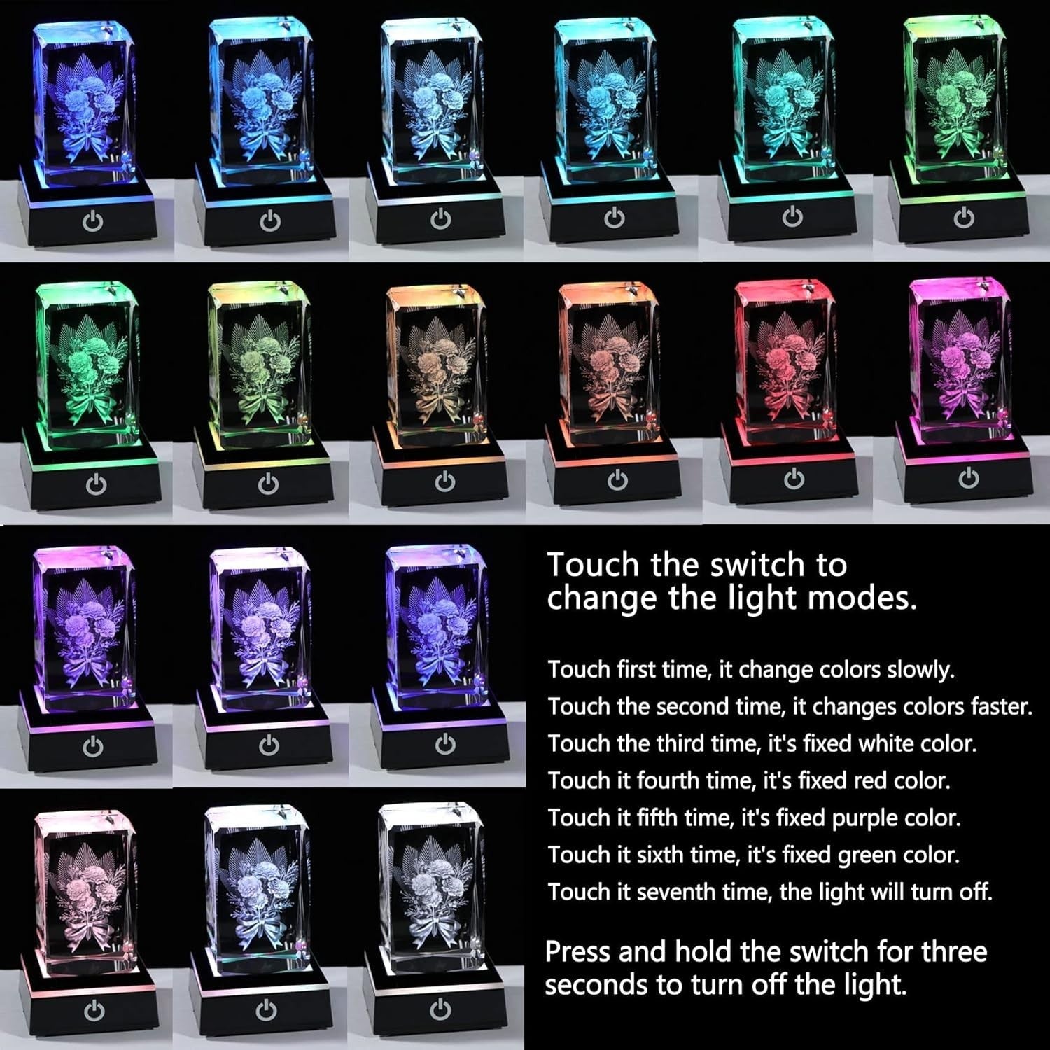 3D Crystal Carnation LED Light Cube Ornament Gift for Mum Wife Birthday Keepsake
