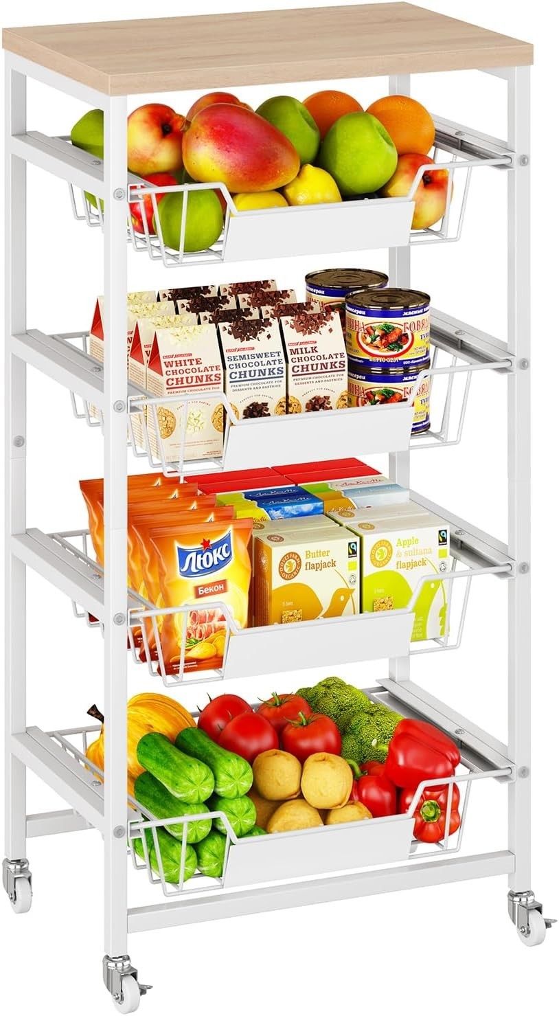 5 Tier Rolling Kitchen Storage Cart Fruit Basket Utility Trolley Wood Top