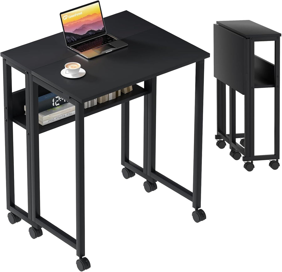 Compact Folding Computer Desk on Wheels with Storage Shelf Space Saving