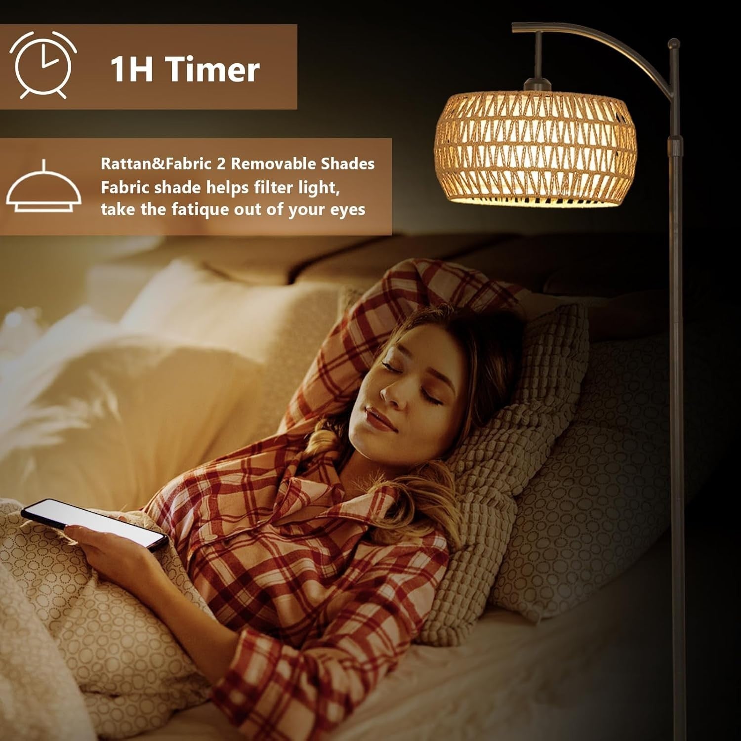 Adjustable Rattan Arc Floor Lamp with Remote, Dimmable LED Light for Living Room