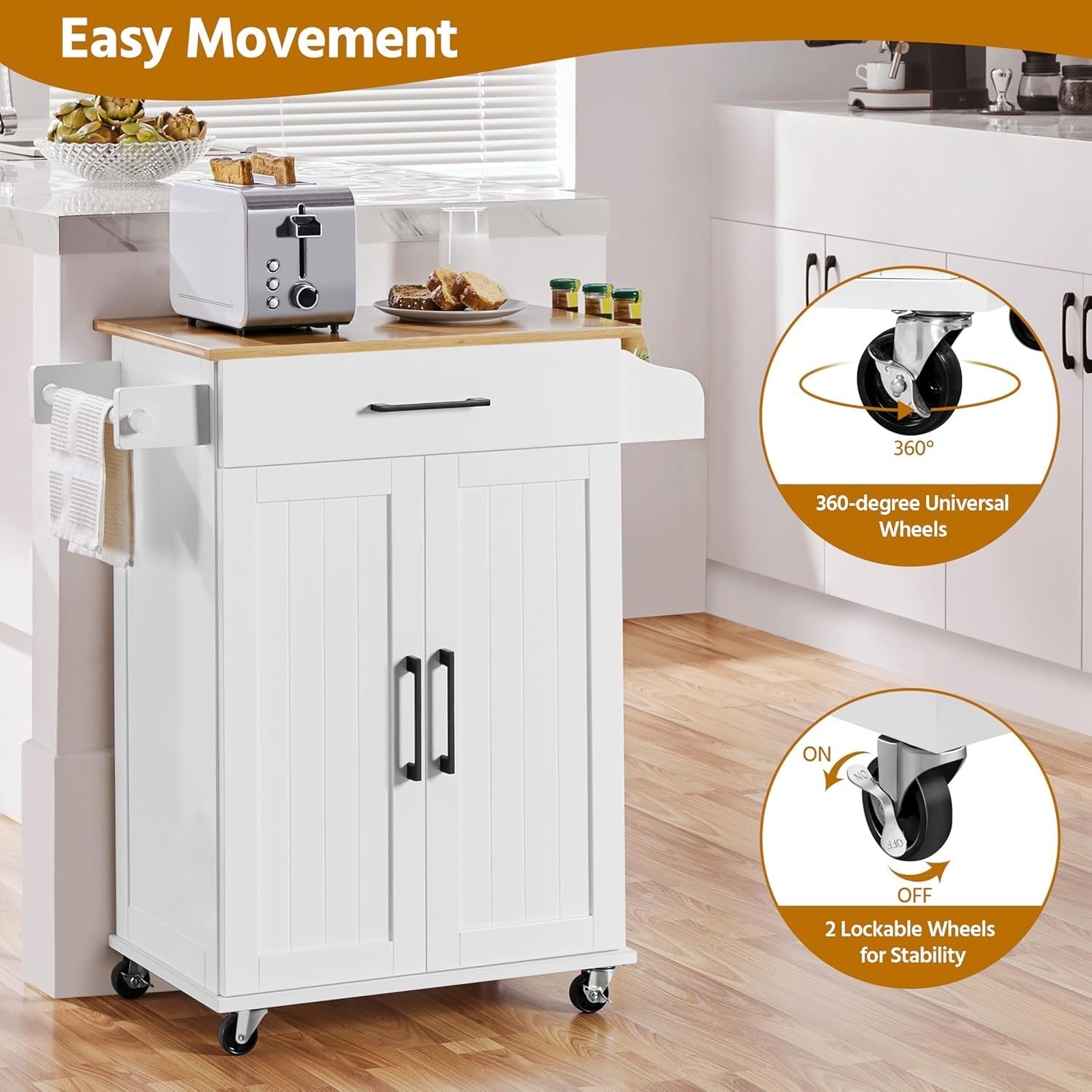 Kitchen Island Cart on Wheels w/ Bamboo Top Cabinet