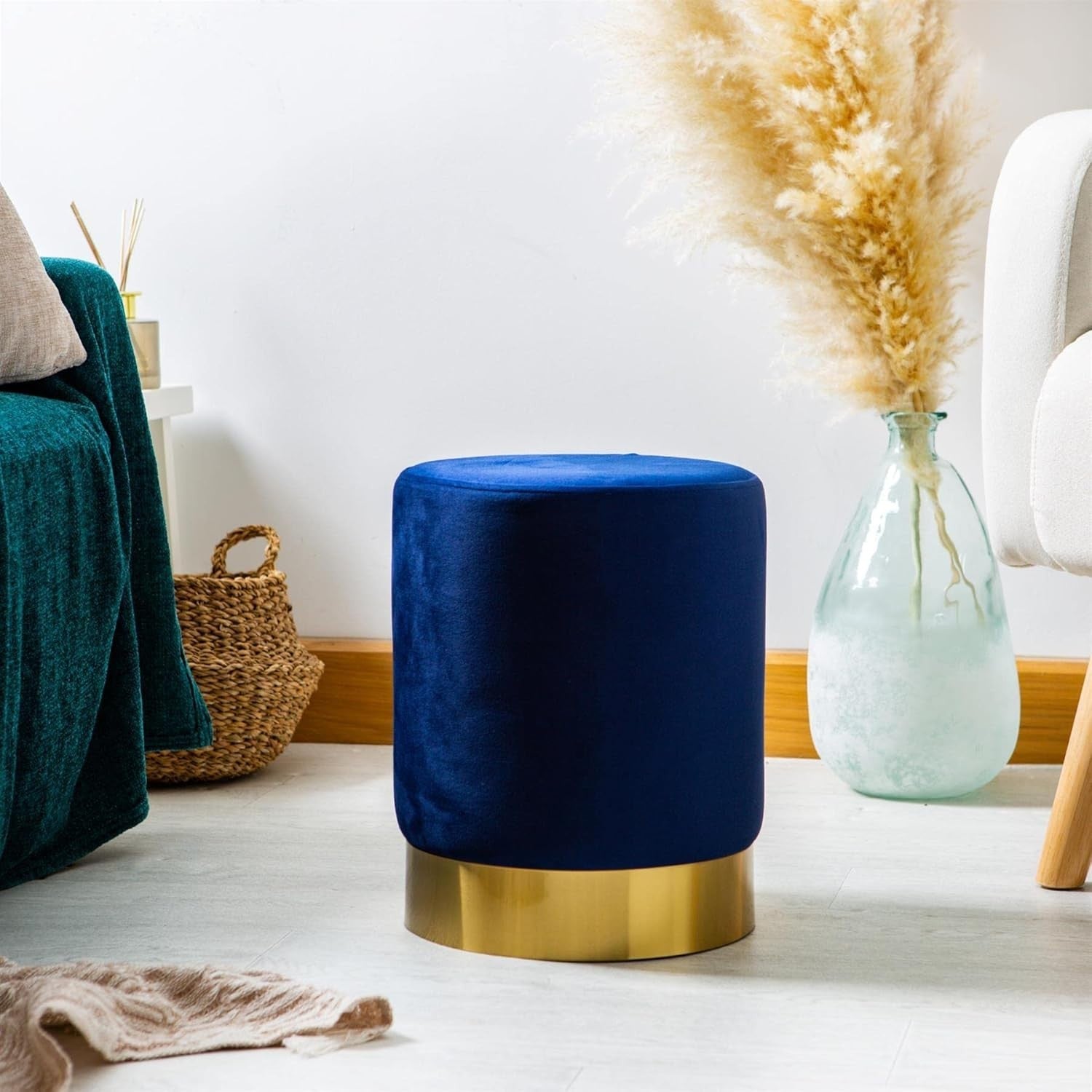 Blue Velvet Round Pouffe Footstool Modern Accent Seat Small 29x36cm
