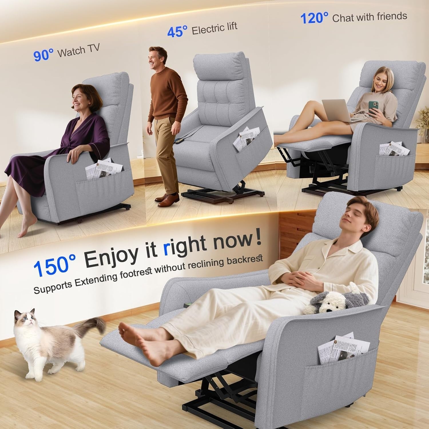 Light Grey Power Lift Recliner Chair Elderly Massage Heat Footrest Remote Sofa