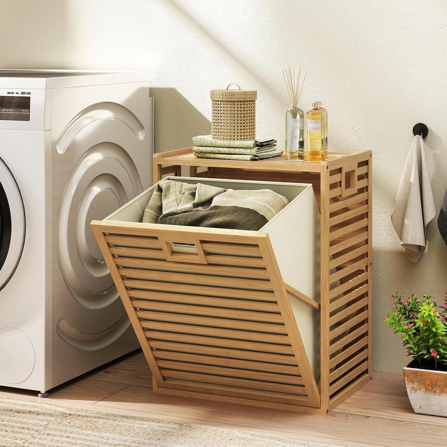 Bamboo Laundry Basket Cabinet Tilt Out Hamper with Liner Bag Natural