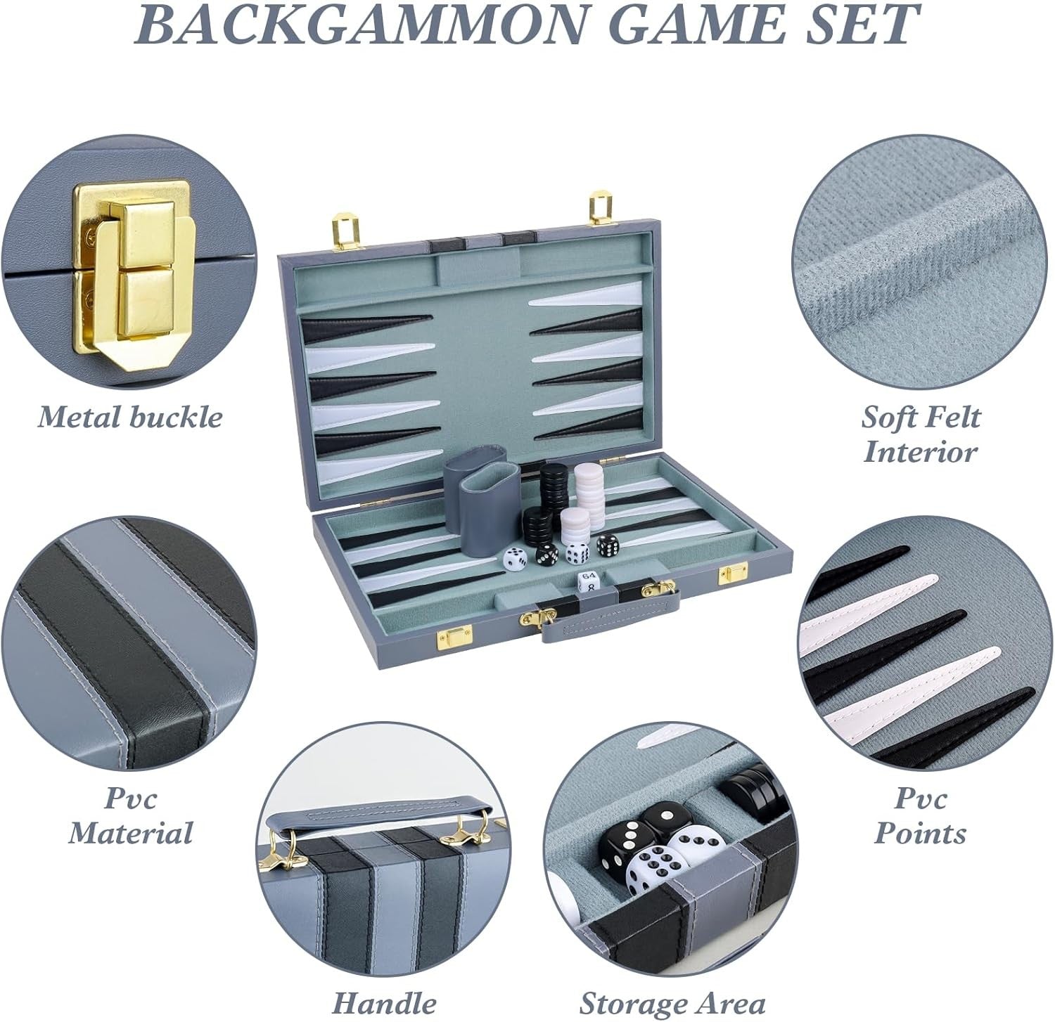15 Inch Backgammon Set Leather Case Portable Travel Board Game 2 Players