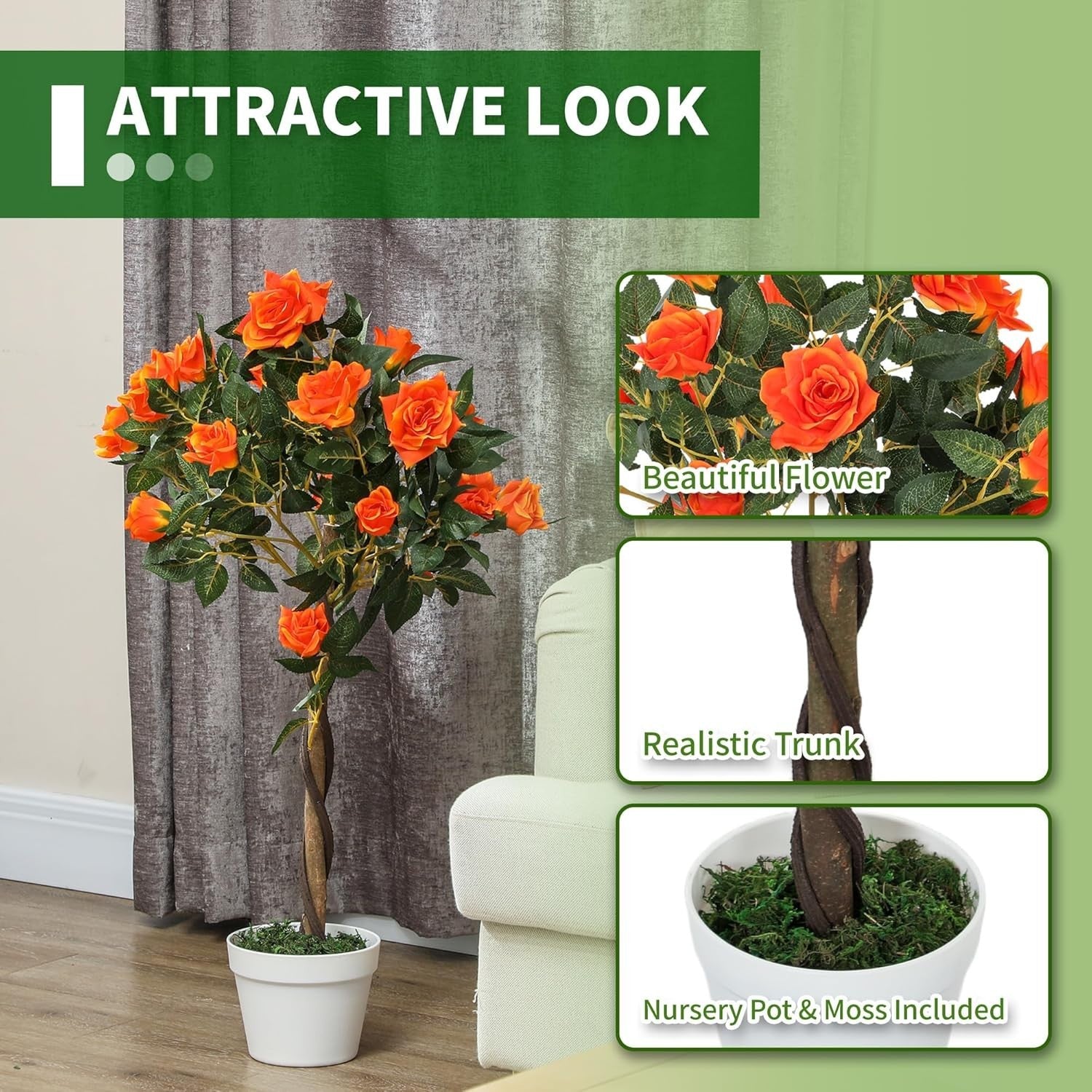 Set of 2 Artificial Rose Trees 90cm Orange Faux Flower Plants Home Garden Decor