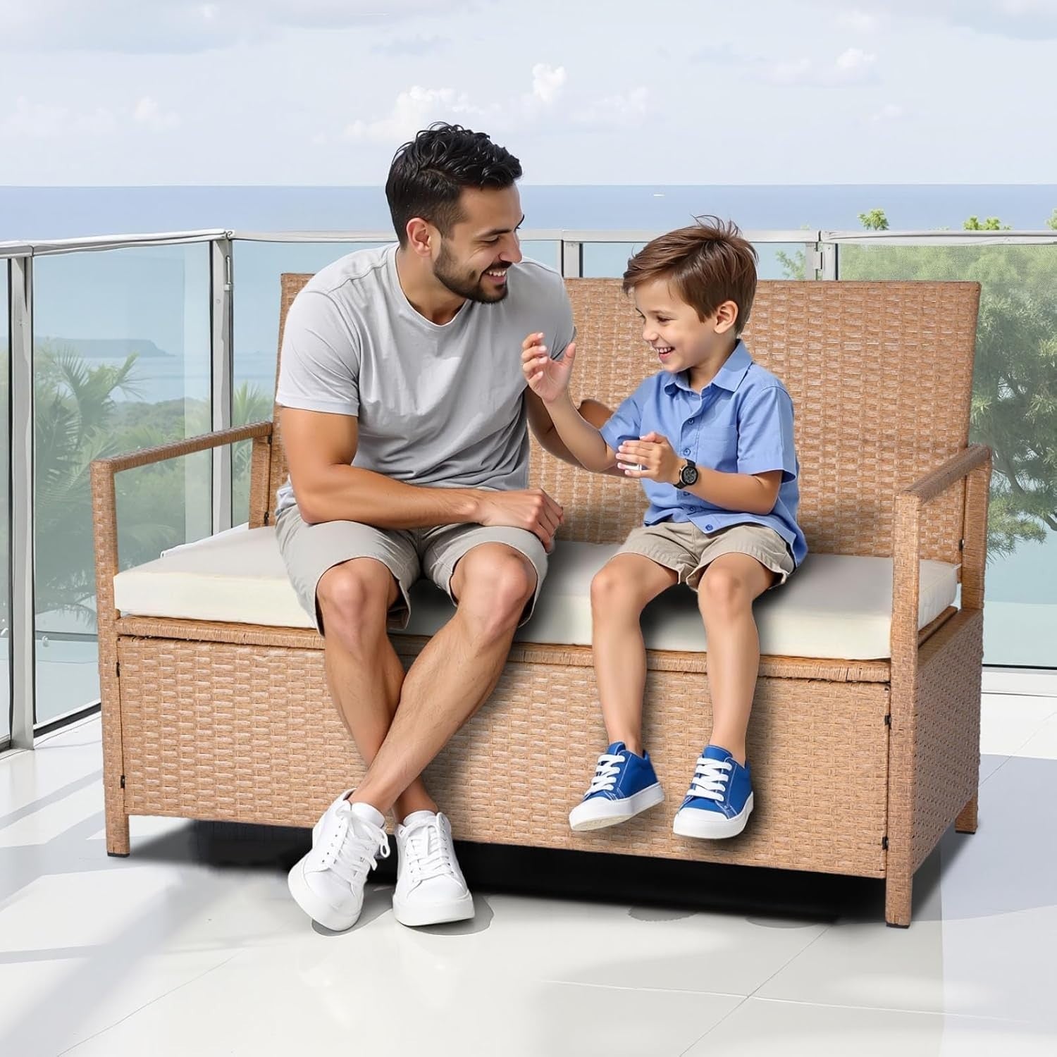 Outdoor 2-Person Storage Bench with Cushion – Weatherproof Rattan Deck Box