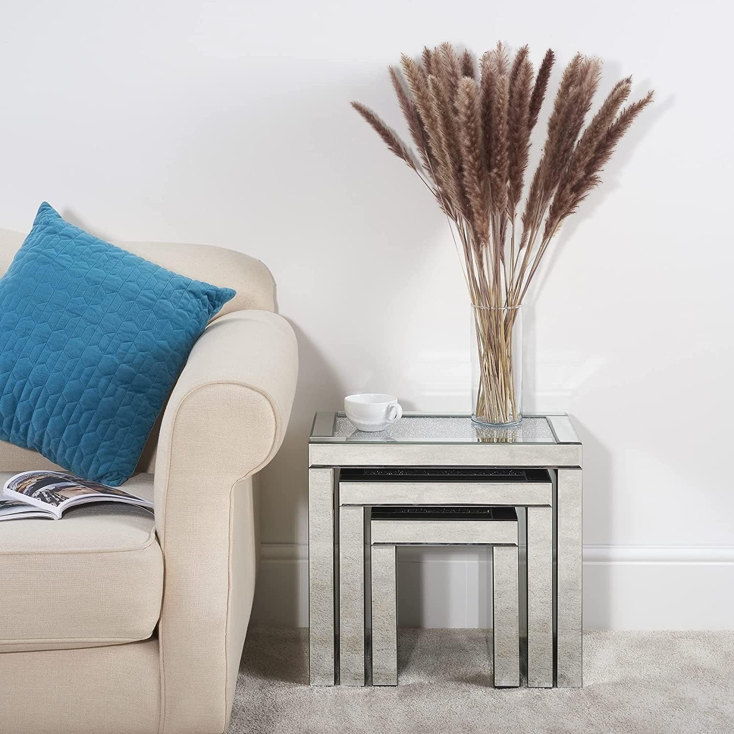 Crushed Diamond Coffee Table Nest Set Mirrored Silver Glass Wood Rectangular