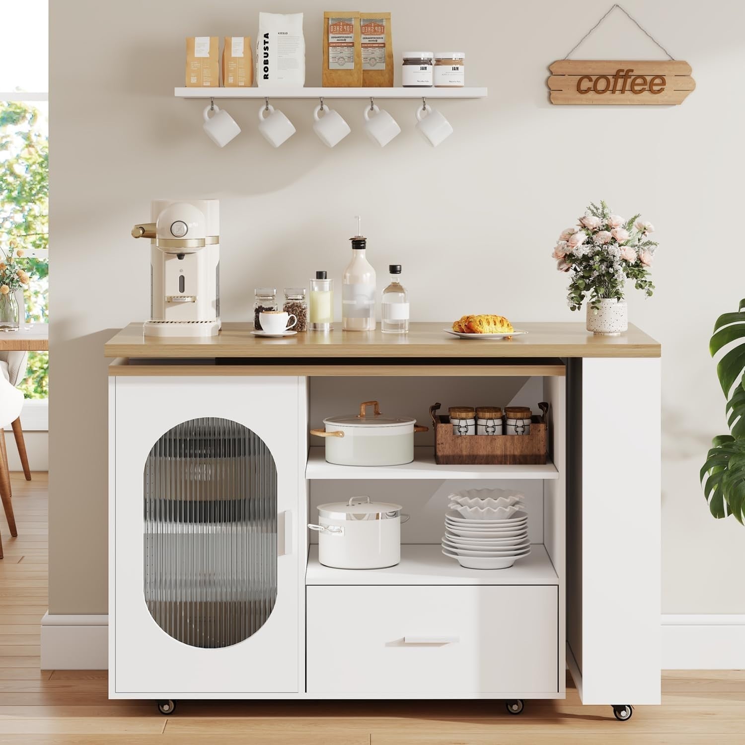 White Modern Kitchen Island on Wheels with 360° Rotating Top, Storage & Drawers